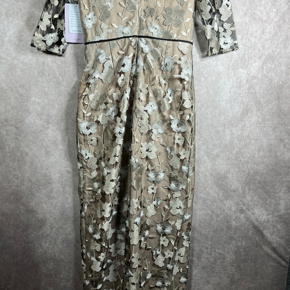 JS Collection Floral‎ Embroidered Evening Long Dress Womens 6 Oyster Black NEW - Picture 6 of 15